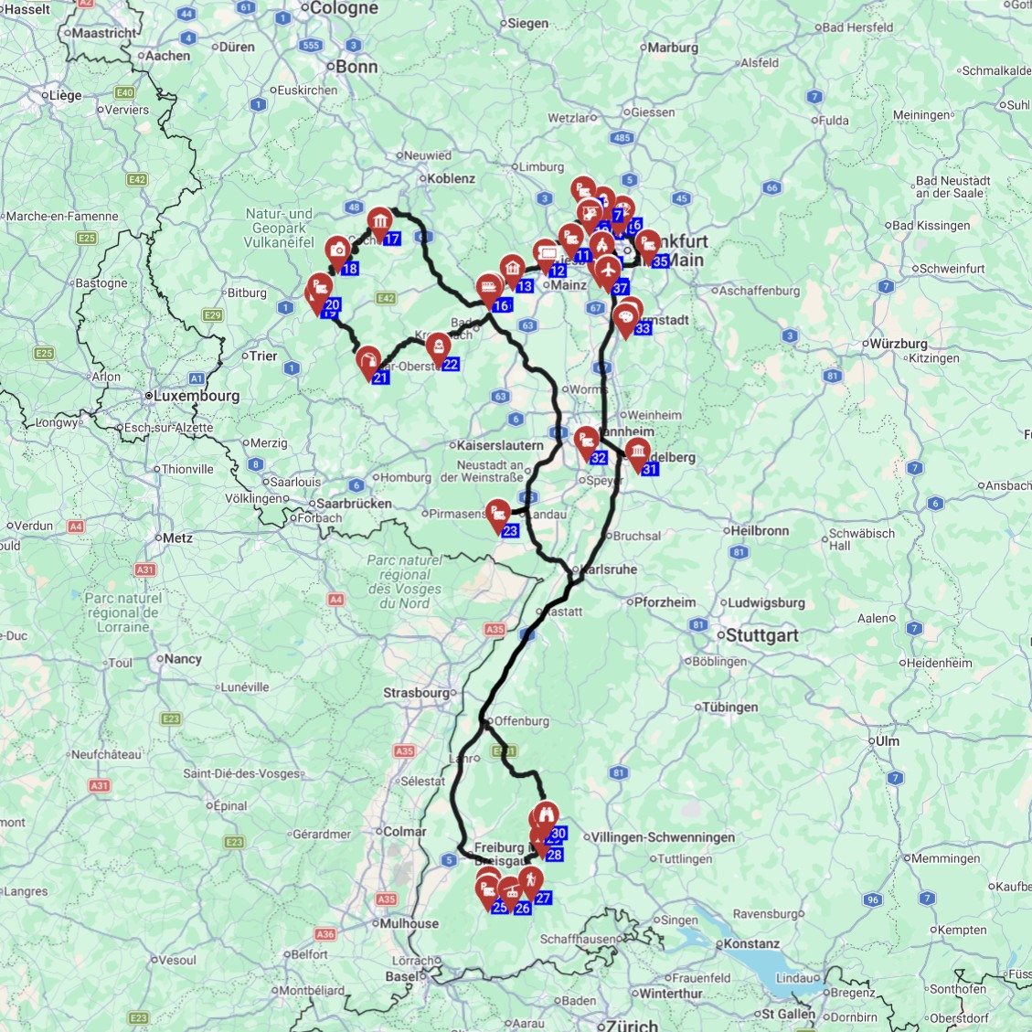 Map for תכנון מסלול טיול קרוואנים בגרמניה מפרנקפורט ליער שחור